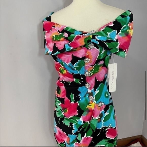 NWT Vintage rare floral asymmetrical off shoulder cocktail bodycon dress - Picture 7 of 12